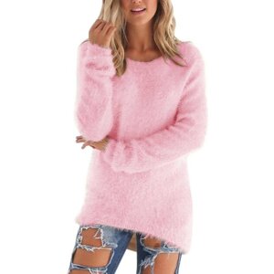 М'який пухнастий жіночий светр (пуловер) рожевий та чорний