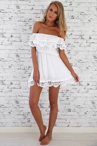 Жіноча міні сукня біла, пляжна сукня LIAOSHIKEERQIAOWA, сукня-волан на плечах