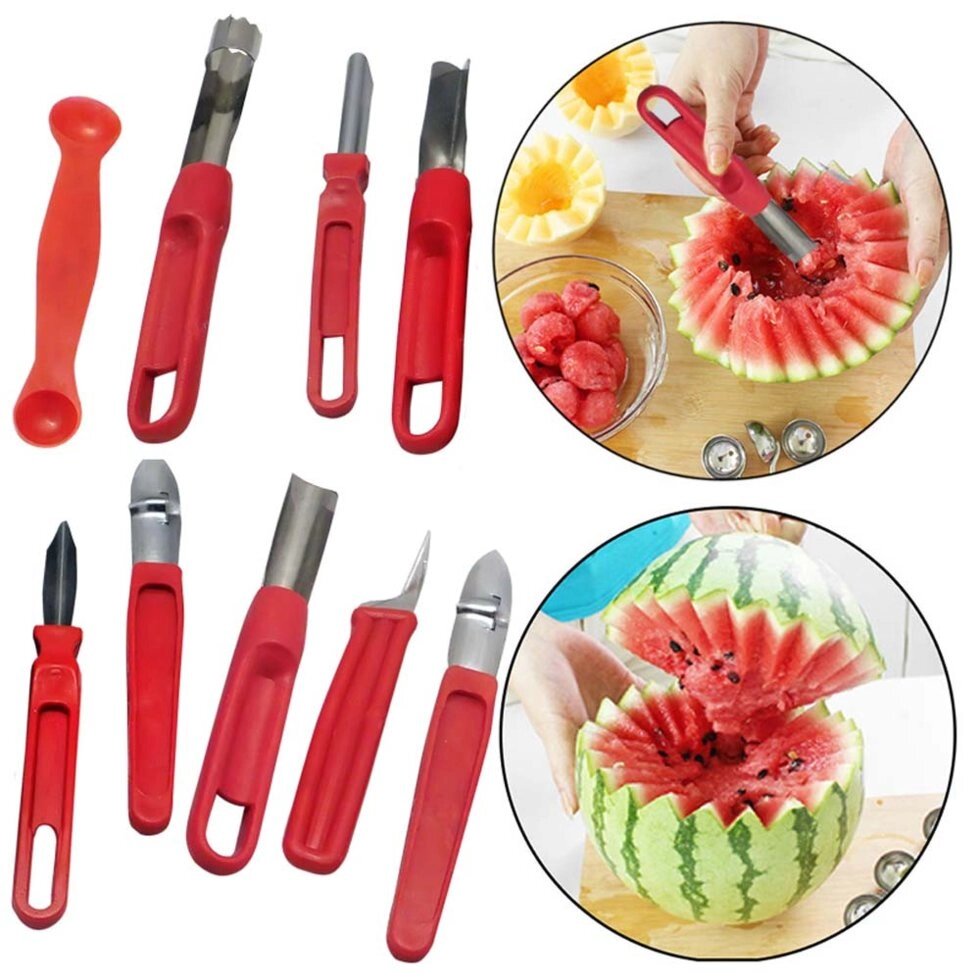 Набір ножів для карвінгу (різьблення по овочах) 8 штук (пластмасова ручка, сталеве лезо) + ложка-нуазетка - доставка