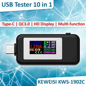 Багатофункціональний USB тестер KEWEISI KWS-1902C Type-C / 10 в 1 / QC3.0 / 4-30V / 5A Black в Київській області від компанії Интернет-магазин VNGSM