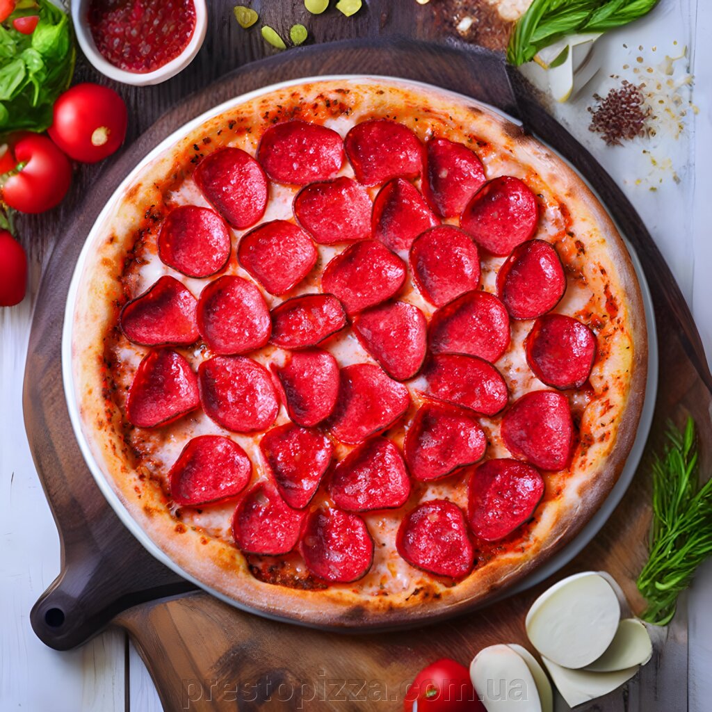 Піца Салямі 32 см 405 г від компанії ПРАЦЮЄМО!Presto Pizza №1 Доставка піци і суші в Луцьку. З 10 до 21.45 - фото 1