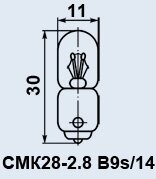 Лампа літакова СМК-28-2.8 B9s/14