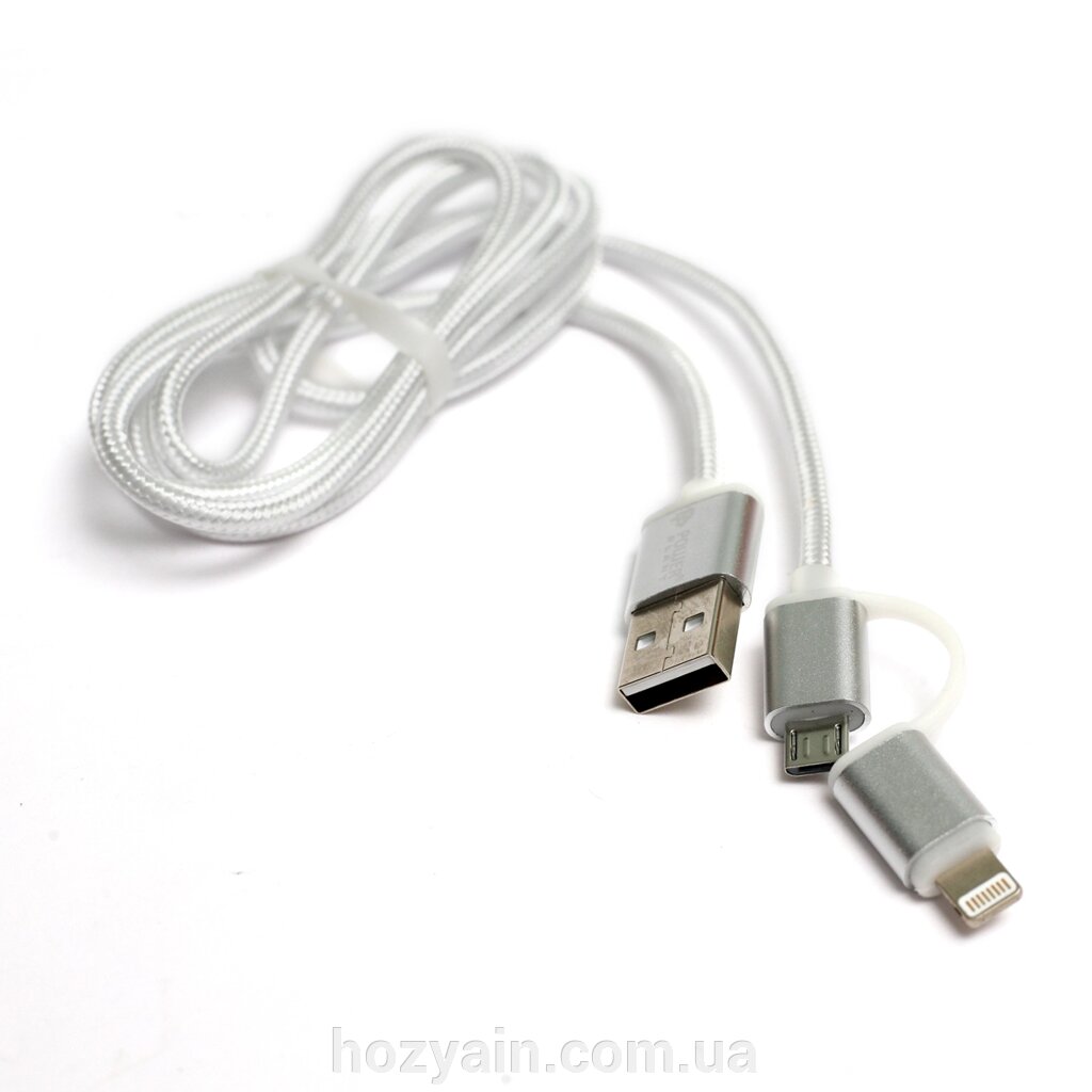 Кабель PowerPlant Quick Charge 2A 2-в-1 cotton USB 2.0 AM – Lightning/Micro 1m silver KD00AS1290 від компанії hozyain. com. ua - фото 1