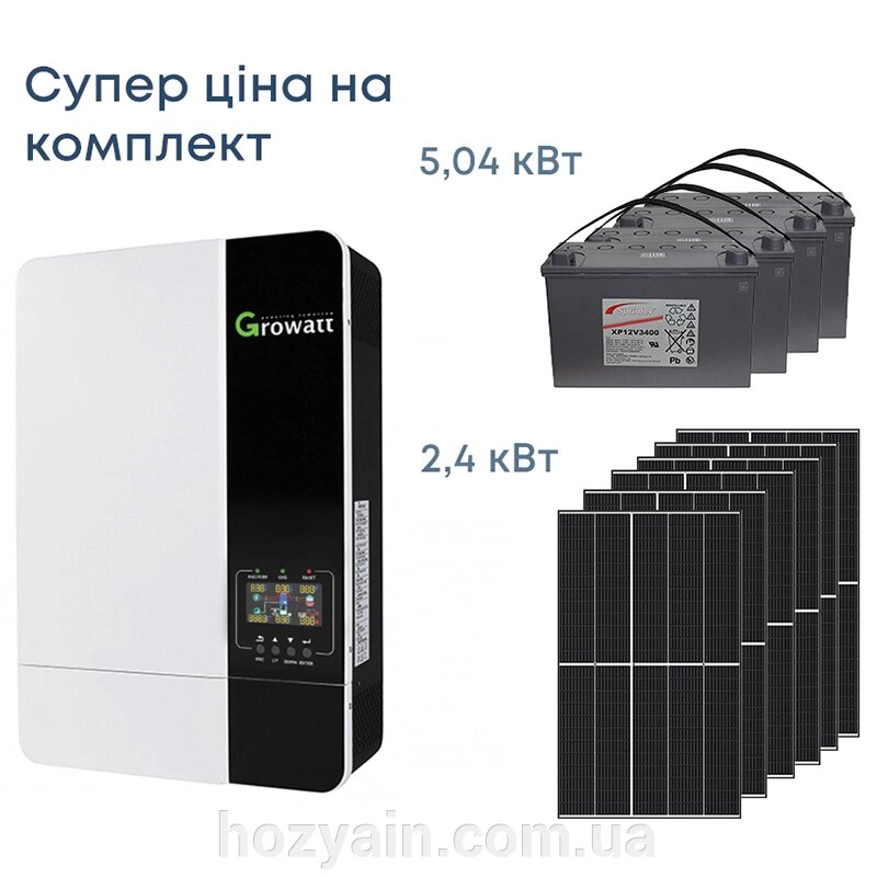 Комплект резервного живлення Інвертор Growatt 5000W, сонячні панелі 2.4кВт, АКБ 5.04кВт SPF5000ESK1 від компанії hozyain. com. ua - фото 1