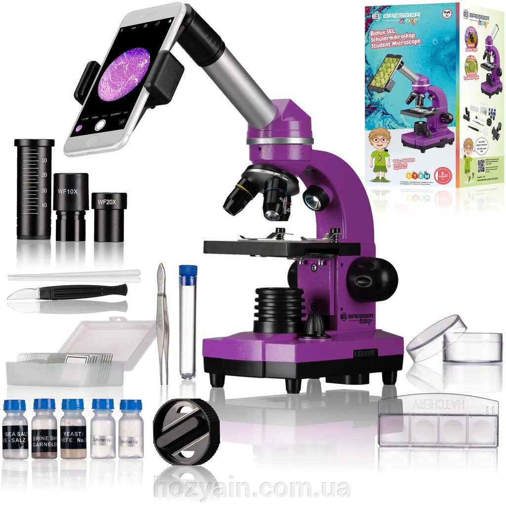 Мікроскоп Bresser Junior Biolux SEL 40x-1600x Purple з набором для дослідів та адаптером для смартфона від компанії hozyain. com. ua - фото 1