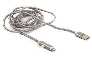 Кабель PowerPlant Quick Charge 2A 2-в-1 cotton USB 2.0 AM - Lightning/Micro 2м grey CA910496
