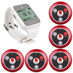 Система виклику офіціанта бездротова з білим годинником - пейджером Retekess TD108 + 5 червоних кнопок (з кнопкою