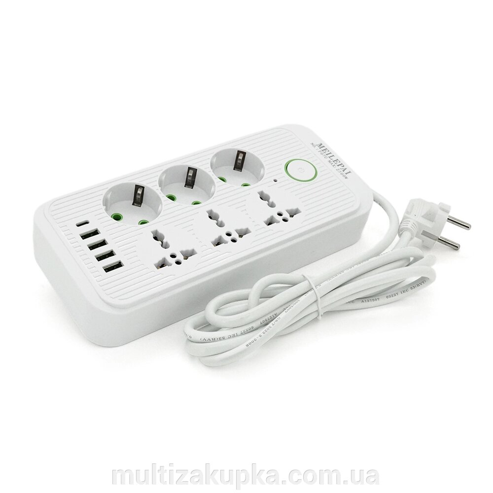 Фільтр F07U, 6 розеток (3 EU+3 Universal) + 4 USB + 1PD, кнопка включення з індикатором, 2 м, 3х0,75мм, 2500W, White, від компанії Mультізакупка - фото 1