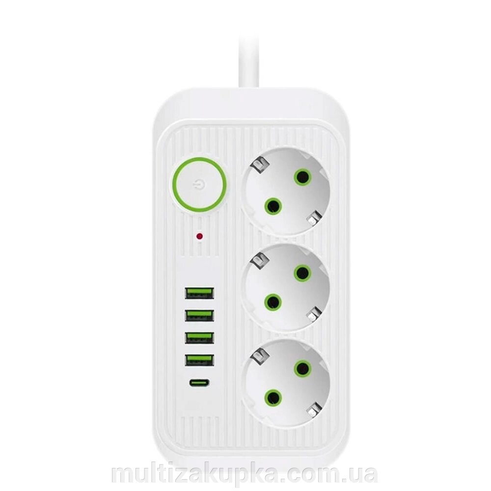 Фільтр мережі F09U, 3 розетки EU + 4 USB + 1PD, кнопка включення з індикатором, 2 м, 3х0,75мм, 2500W, White, Box від компанії Mультізакупка - фото 1