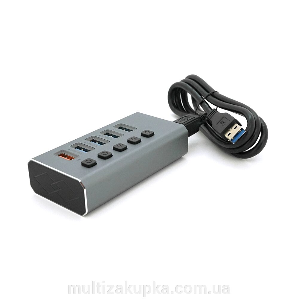 Хаб USB 3.0, 4 порти USB 3.0 + 1 порт QC3.0, з перемення на шкірень порт, DC5V3A, Black, BOX від компанії Mультізакупка - фото 1