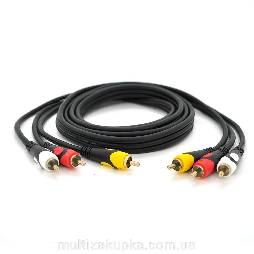 Кабель Audio-Video 3хRCA (тато) => 3хRCA (тато), GOLD connector, CU, круглий, чорний, 5,0 м, (Пакет) Преміум від компанії Mультізакупка - фото 1