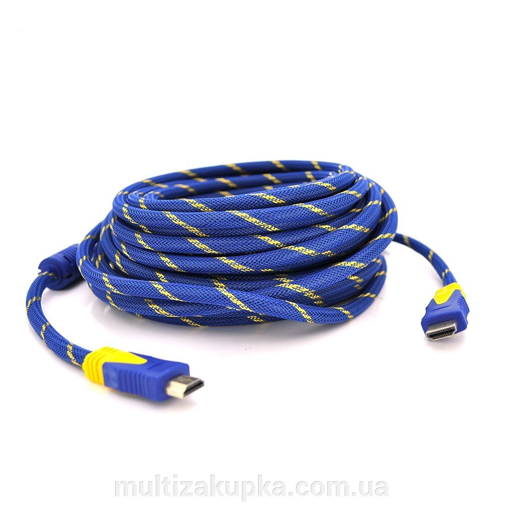 Кабель HDMI-HDMI 15m, v1.4, OD-8.0mm, 2 фільтра, обплетення, круглий Blue / Gold, коннектор Blue/Gold, (Пакет) Q33 від компанії Mультізакупка - фото 1