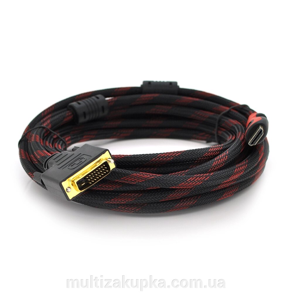 Кабель HDMI (тато)-DVI (тато) 5,0м, 2 ферити, обплетення, круглий Black/RED, Пакет від компанії Mультізакупка - фото 1