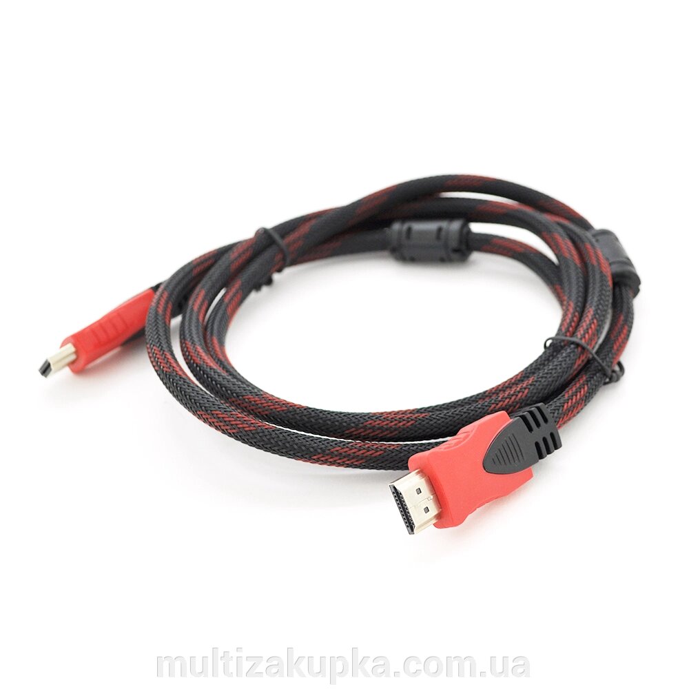 Кабель Merlion HDMI-HDMI 1,5m, v1.4, OD-7.4mm, 2 фільтра, обплетення, круглий Black / RED, коннектор RED / Black, від компанії Mультізакупка - фото 1