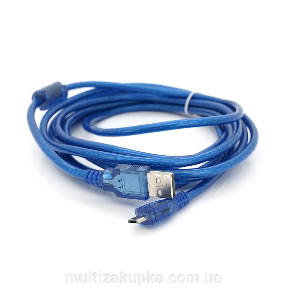 Кабель USB 2.0 (AM/Miсro 5 pin) 3м, прозорий синій, Пакет від компанії Mультізакупка - фото 1