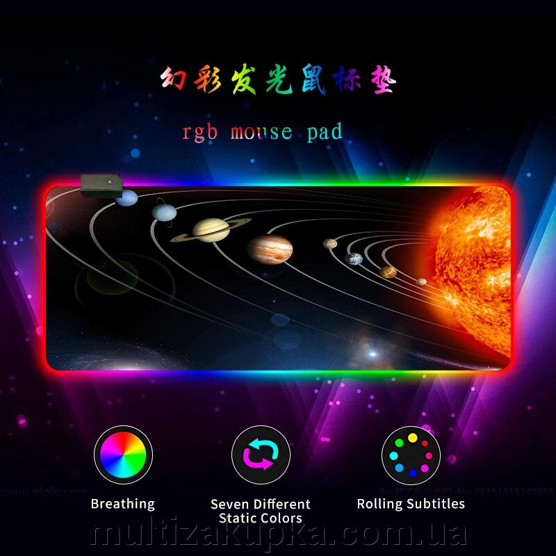 Килимок 300*800 для миші "Solar system" тканинний з боковою прошивкою, товщина 3 мм, RGB підсвічування, живлення USB від компанії Mультізакупка - фото 1