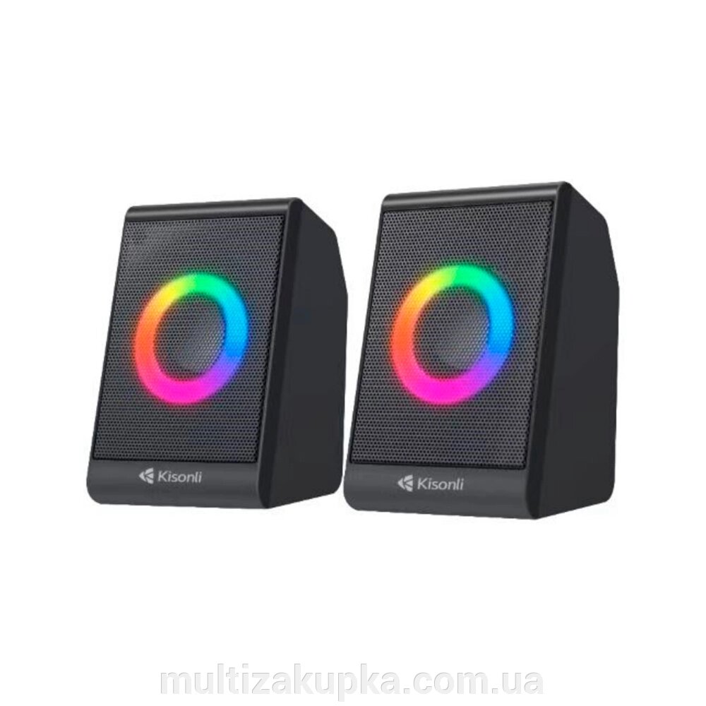 Колонки 2.0 Kisonli X12 для ПК та ноутбука, USB + 3.5mm, 2x3W, 20Hz-20KHz, DC: 5V, RGB light, Black, BOX, Q50 від компанії Mультізакупка - фото 1