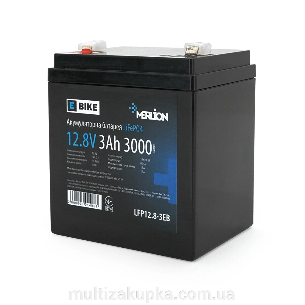 Літій-залізо-фосфатний акумулятор Merlion LiFePO4 12.8V 3AH (4S1P/BMS-5A), (90х70х101(107)) для електротранспорту, 3000 від компанії Mультізакупка - фото 1