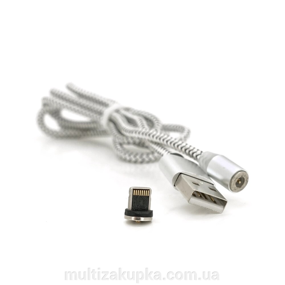 Магнітний кабель PiPo USB 2.0 /Lighting, 1m, 2А, тканинна оплетка, броньований, знімач, Silver, BOX від компанії Mультізакупка - фото 1