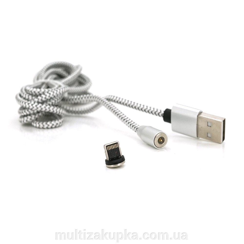 Магнітний кабель PiPo USB 2.0 /Lighting, 2m, 2А, тканинна оплетка, броньований, знімач, Silver, BOX від компанії Mультізакупка - фото 1