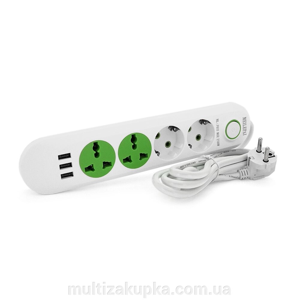 Мережевий фільтр F01U, 2 розетки EU + 2 розетки Universal + 3 USB, 1.5 м, перетин 3х0, 75мм, 2500W, White, Box від компанії Mультізакупка - фото 1