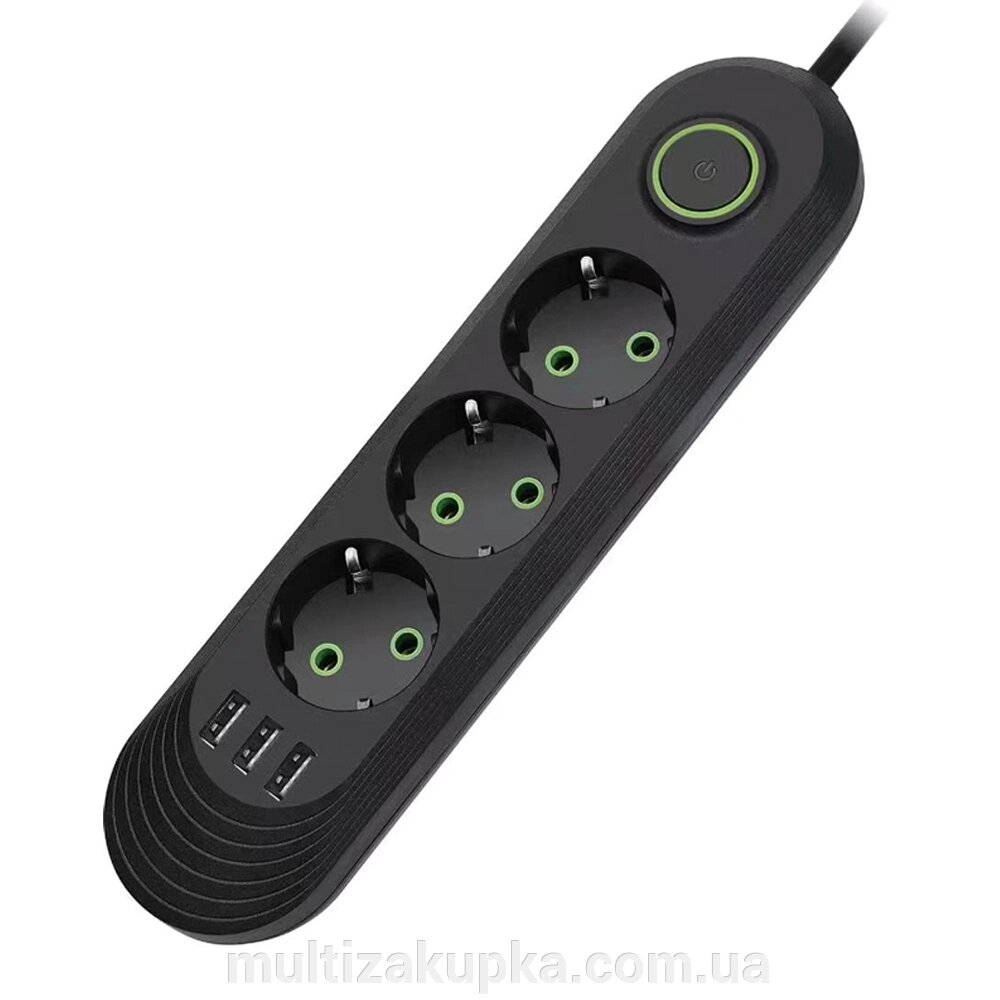 Мережевий фільтр F03U, 3 розетки EU + 3 USB, 1.5 м, перетин 3х0, 75мм, 2500W, Black, Box від компанії Mультізакупка - фото 1