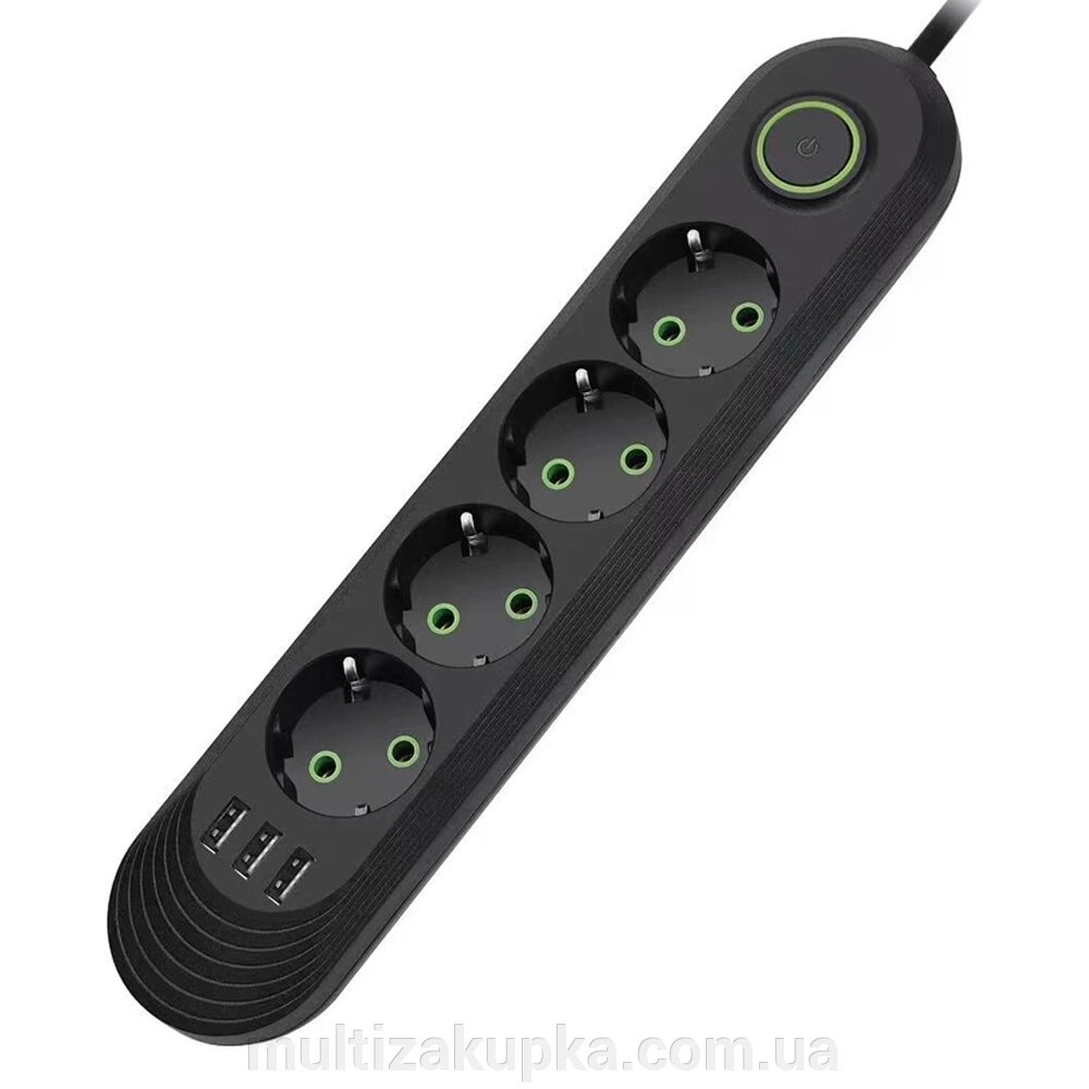 Мережевий фільтр F04U, 4 розетки EU + 3 USB, 1.5 м, перетин 3х0, 75мм, 2500W, Black, Box від компанії Mультізакупка - фото 1