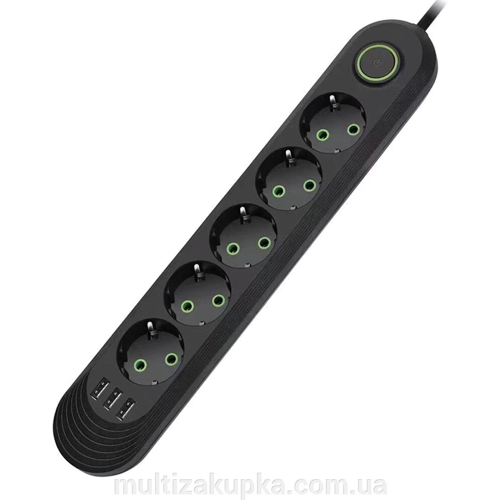 Мережевий фільтр F05U, 5 розеток EU + 3 USB, 1.5 м, перетин 3х0, 75мм, 2500W, Black, Box від компанії Mультізакупка - фото 1