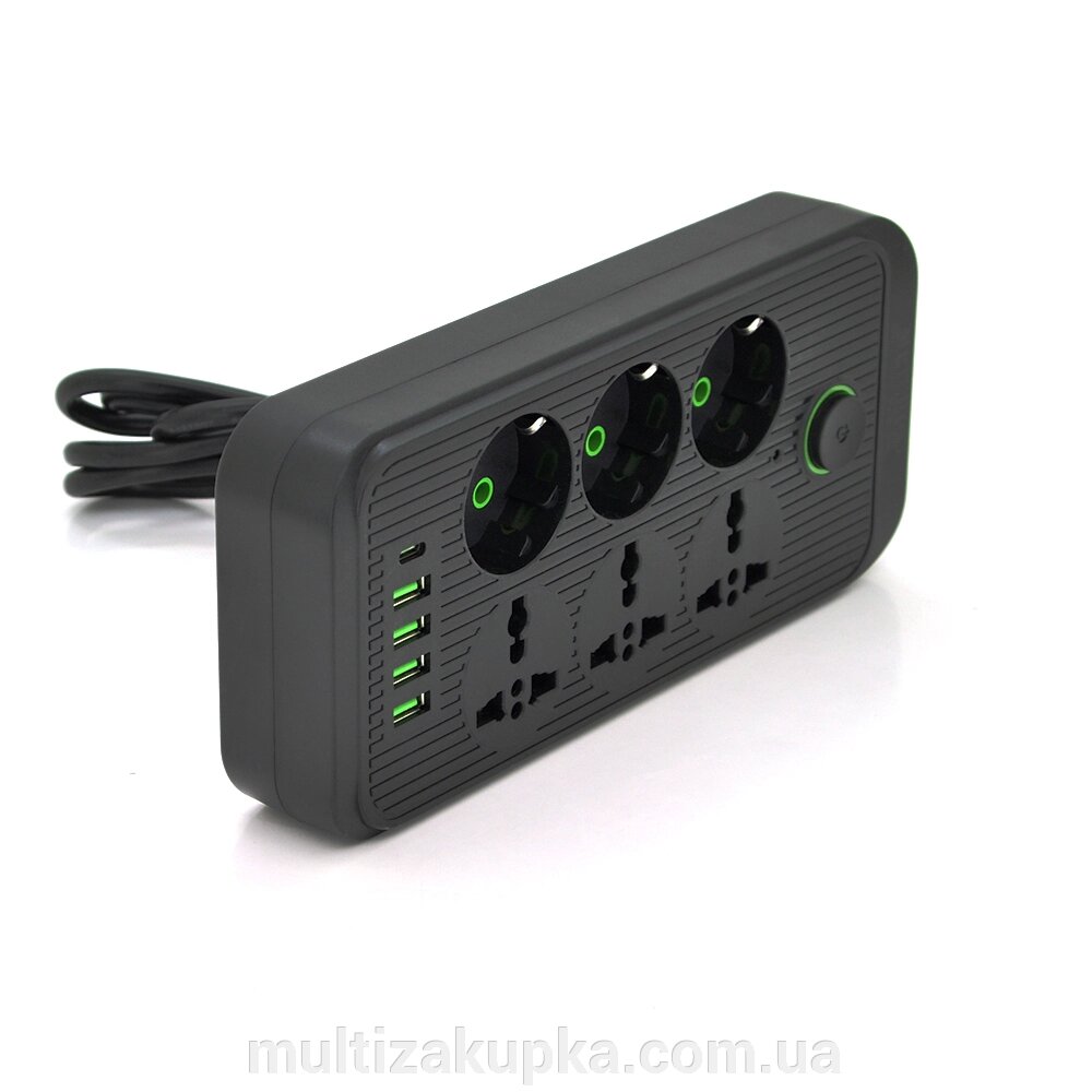 Мережевий фільтр F07U, 6 розеток (3 EU+3 Universal) + 4 USB + 1PD, кнопка включення з індикатором, 2 м, 3х0,75 мм, від компанії Mультізакупка - фото 1