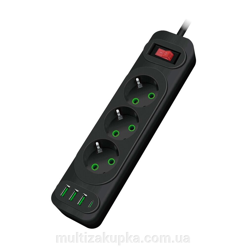 Мережевий фільтр F23U, 3 розетки EU +3 USB + PD, кнопка включення з індикатором, 2 м, 3х0,75мм, 2500W, Black, Box від компанії Mультізакупка - фото 1