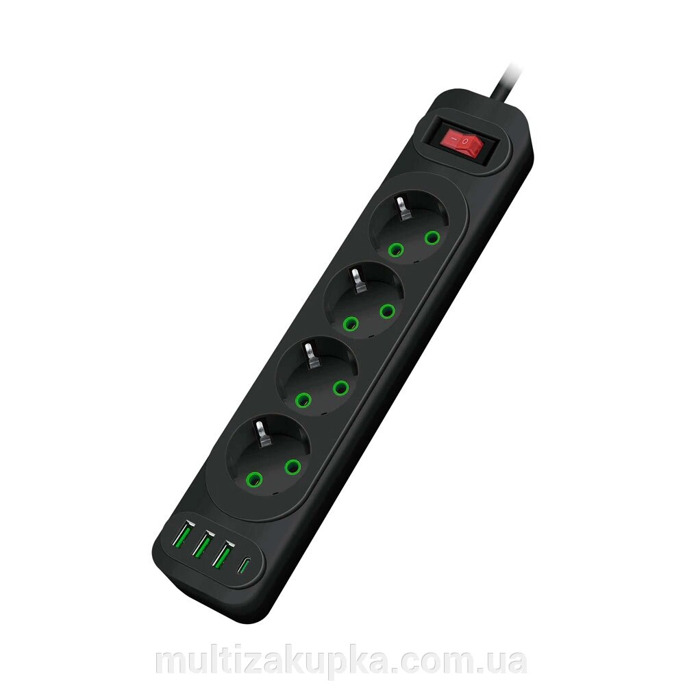 Мережевий фільтр F24U, 4 розетки EU+3 USB+PD, кнопка включення з індикатором, 2 м, 3х0,75мм, 2500W, Black, Box від компанії Mультізакупка - фото 1