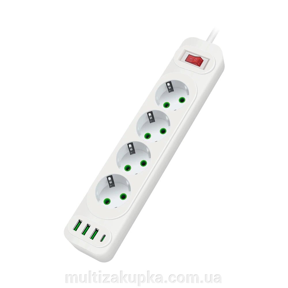 Мережевий фільтр F24U, 4 розетки EU+3 USB+PD, кнопка включення з індикатором, 2 м, 3х0,75мм, 2500W, White, Box від компанії Mультізакупка - фото 1