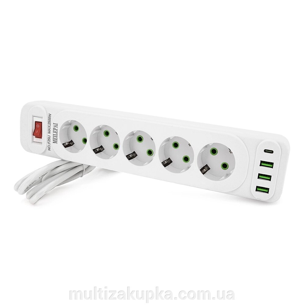 Мережевий фільтр F25U, 5 розеток EU+3 USB+PD, кнопка включення з індикатором, 2 м, 3х0,75мм, 2500W, White, Box від компанії Mультізакупка - фото 1