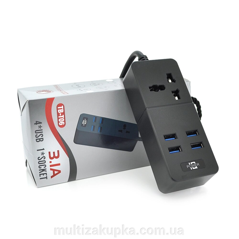 Мережевий фільтр ТВ-Т06, 1 розетка + 4 USB, 2 м, перетин 3х0,75мм, 2500W, Black, Box від компанії Mультізакупка - фото 1