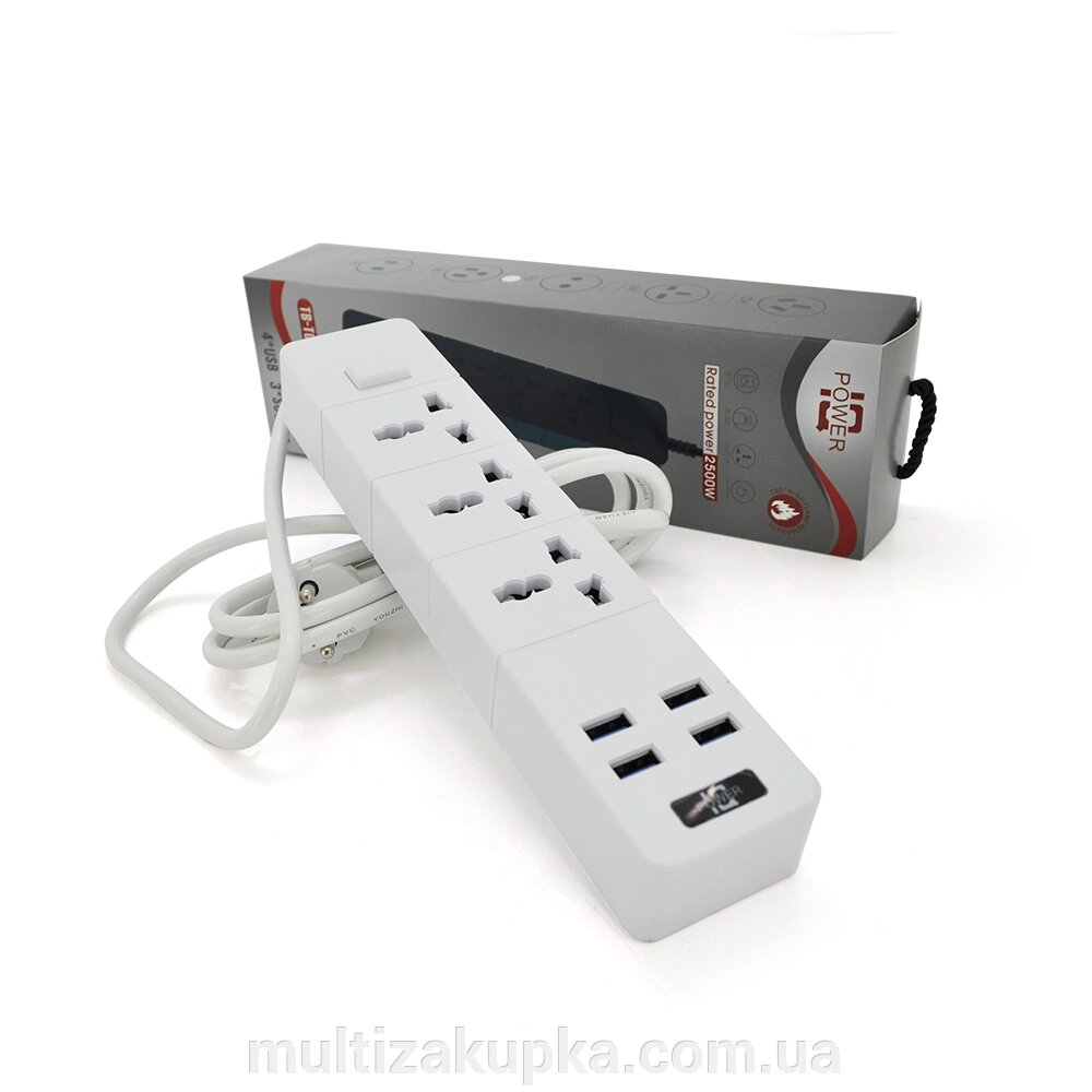 Мережевий фільтр ТВ-Т08, 3 розетки + 4 USB, 2 м, перетин 3х0,75мм, 2500W, White, Box від компанії Mультізакупка - фото 1