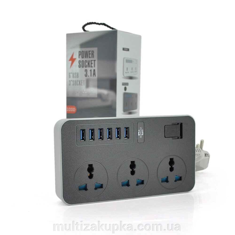 Мережевий фільтр ТВ-Т09, 3 розетки + 6 USB, 2 м, перетин 3х0,75мм, 3000W, Black-grey, Box від компанії Mультізакупка - фото 1