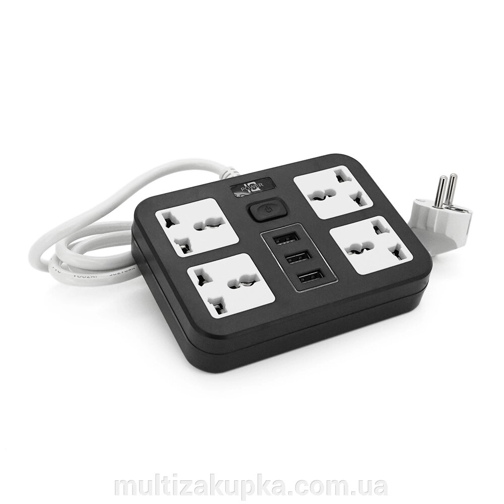 Мережевий фільтр ТВ-Т15, 4 розетки + 3 USB, 2 м, перетин 3х0, 75мм, 2500W, Black, Box від компанії Mультізакупка - фото 1