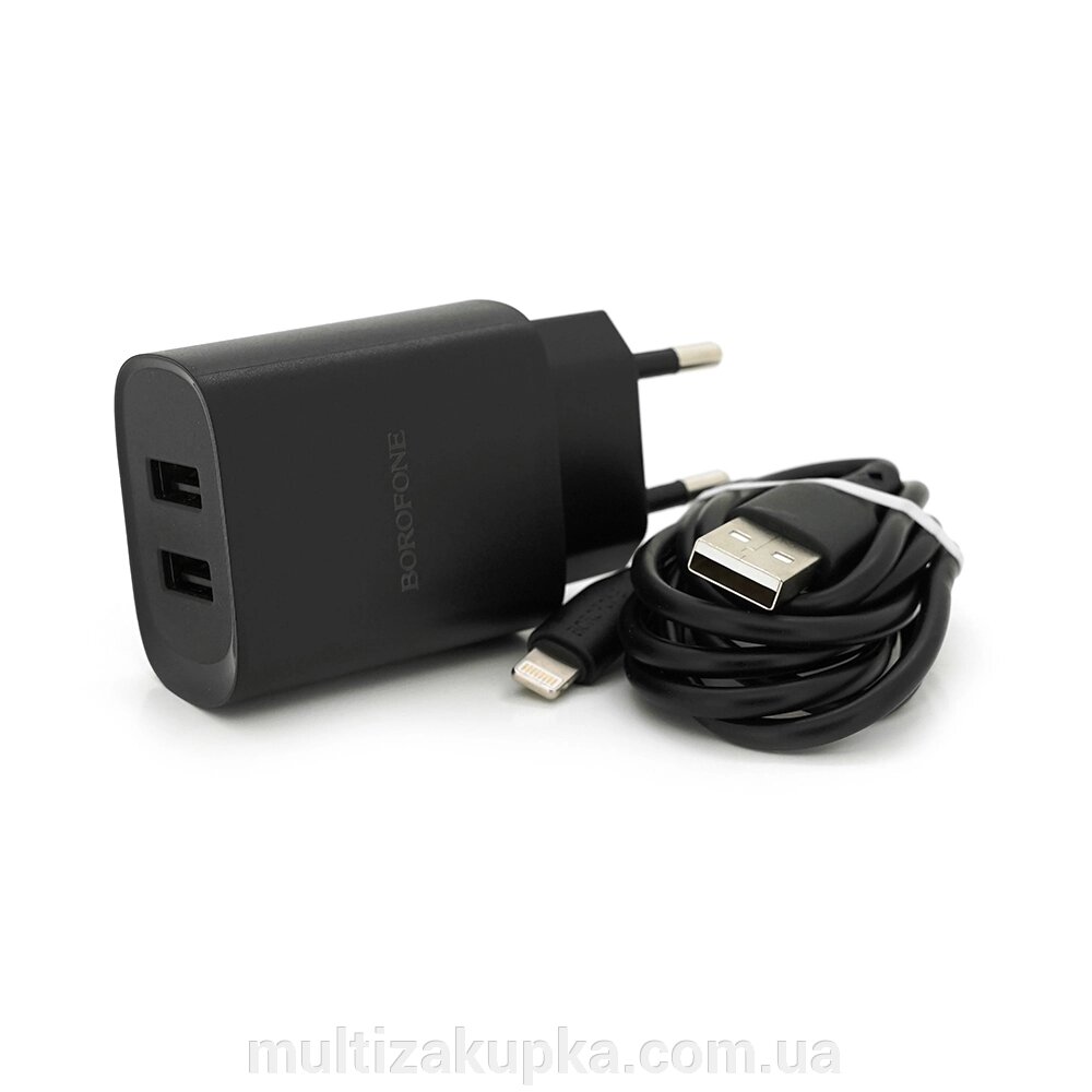 Набір BOROFONE BN2 СЗУ 2xUSB+ кабель Lighting, 2.1A, 1м, Black, Box від компанії Mультізакупка - фото 1