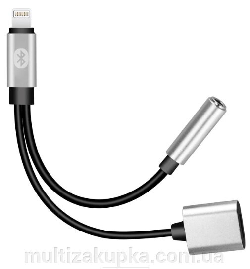 Перехідник 2 в 1 Y026 Lighting (M) =>Lighting (F) + Jack 3.5mm (F), 5см, Black/Silver, Box від компанії Mультізакупка - фото 1