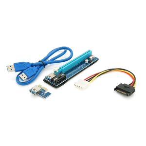 Riser PCI-EX, x1=>x16, 4-pin MOLEX, SATA=>4Pin, USB 3.0 AM-AM 0,6 м (синій), конденсатори PS 100 16V, Пакет