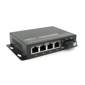 4х портовий медіаконвертор ONV-0110S-SCX-S4-A, 4*100М RJ45 + 1*SC порт (1310/1550nm, 20km)