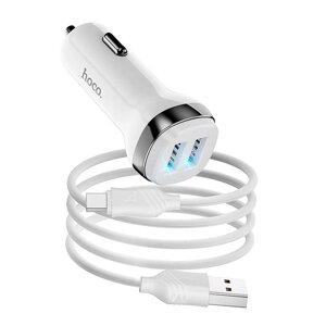 Набір АЗУ 12-24V HOCO Z40+ кабель Type-C, 2xUSB, 2.4A, кабель 1м, White, Box