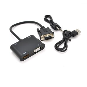 Конвертер VEGGIEG V2-H VGA ( тато ) на VGA ( мама ) + HDMI ( мама ), 25cm, Black, Пакет