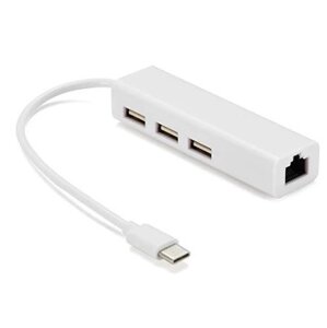 Контролер Type-C to Ethernet Мережеій адаптер 10/100Mbps з проводом + 3 порти USB3.0, White, Blister-Box