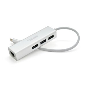 Контролер Type-C to Ethernet VEGGIEG U3J-3C-S - Мережевий адаптер 100 / 1000Mbps з проводом + 3 порту USB3.0, White,