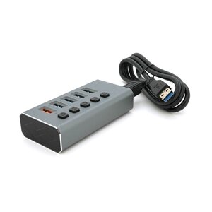 Хаб USB 3.0, 4 порти USB 3.0 + 1 порт QC3.0, з перемення на шкірень порт, DC5V3A, Black, BOX