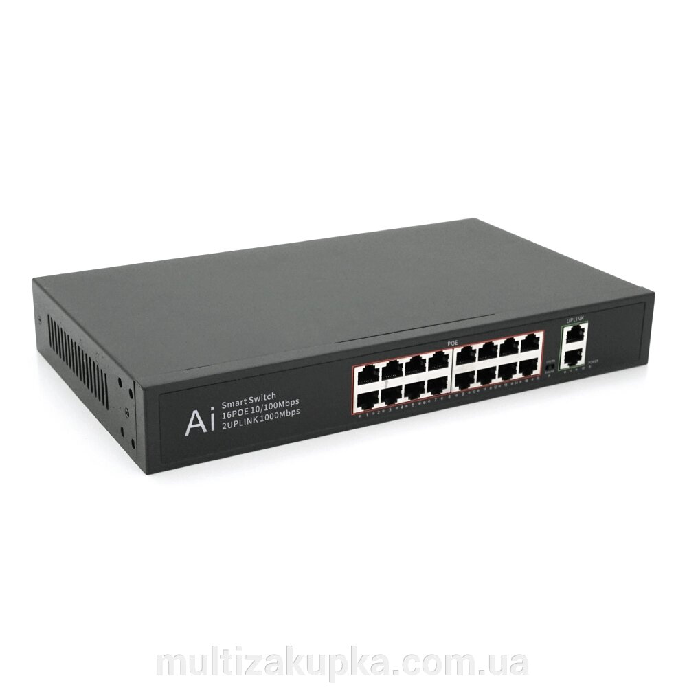 POE комутатор Merlion 16 POE 10/100 + 2 RJ45 10/100/1000+ вбудований блок живлення 52V 3.85A від компанії Mультізакупка - фото 1