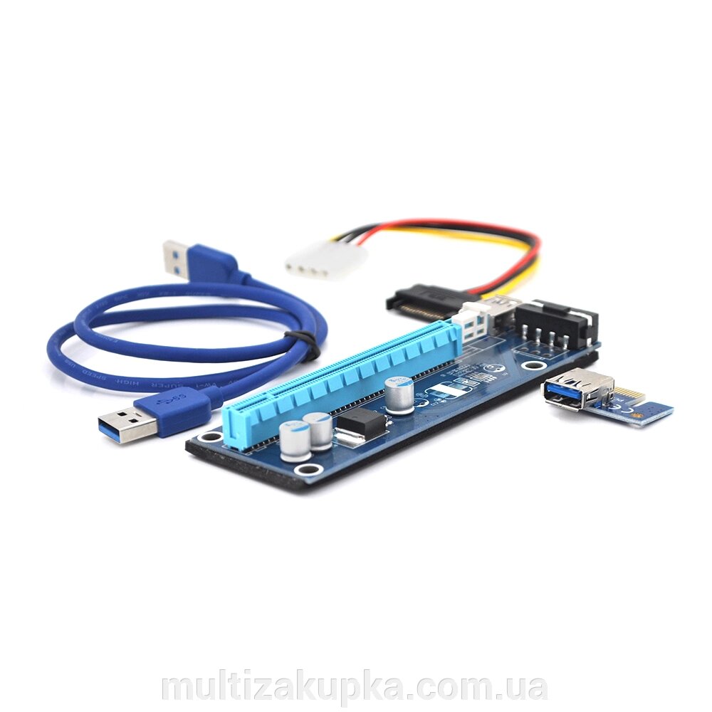 Riser PCI-EX, x1 => x16, 4-pin MOLEX, SATA => 4Pin, USB 3.0 AM-AM 0,6 м (синій), конденсатори F270, Пакет від компанії Mультізакупка - фото 1