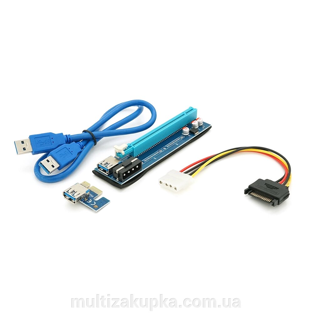 Riser PCI-EX, x1=>x16, 4-pin MOLEX, SATA=>4Pin, USB 3.0 AM-AM 0,6 м (синій), конденсатори PS 100 16V, Пакет від компанії Mультізакупка - фото 1