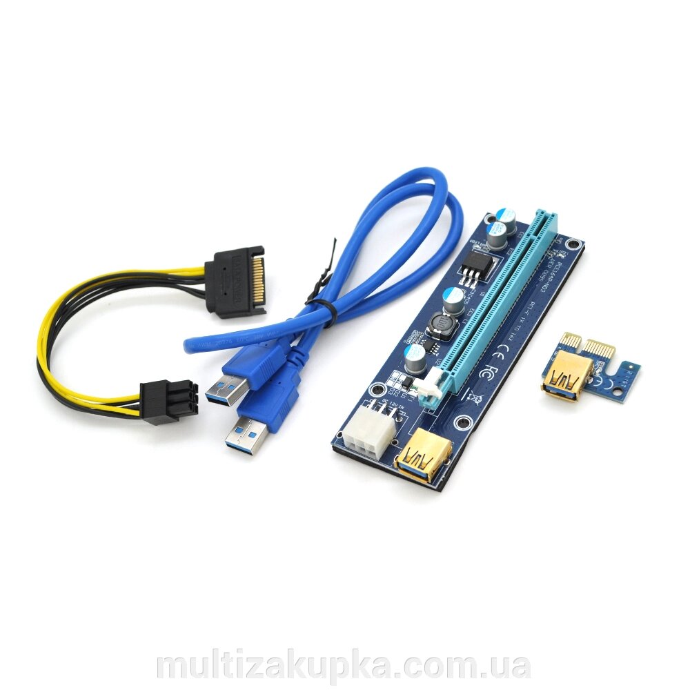 Riser PCI-EX, x1 => x16, 6-pin, SATA => 6Pin, USB 3.0 AM-AM 0,6 м (синій), конденсатори 270, Пакет від компанії Mультізакупка - фото 1